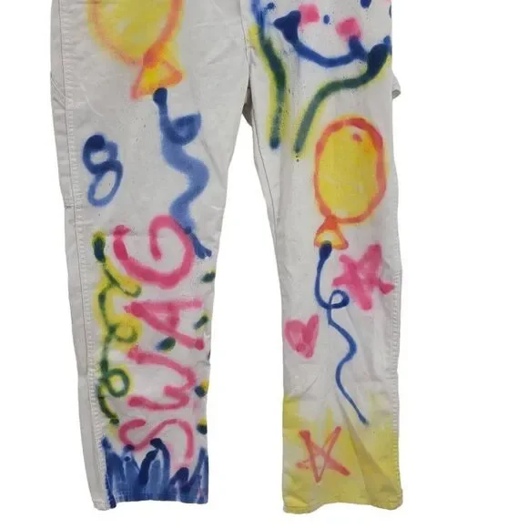 Unisex‎ Upcycled White Painters Pants 34x30 Multicolor Party Graffiti Streetwear
